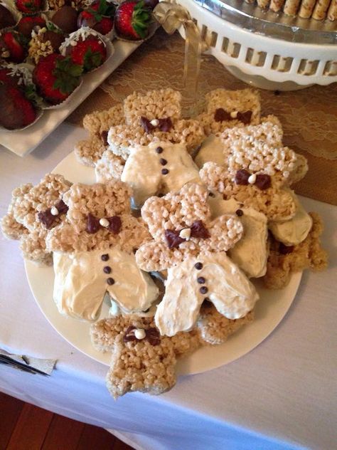 Teddy Bear Rice Crispy Treats, Teddy Bear Rice Krispie Treats, Teddy Bear Food Ideas, Teddy Bear Theme Desserts, Teddy Bear Cheese Ball, Teddy Bear Shower Ideas, Teddy Bear Treat Table, Bear Rice Krispies Treats, Teddy Bear Brunch