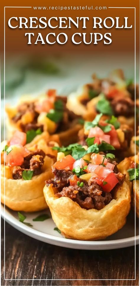 These Crescent Roll Taco Cups are a fun and easy way to enjoy taco flavors in a bite-sized form! With a crispy, buttery crescent dough shell, seasoned ground beef, and melted cheese, these taco cups make a perfect appetizer or quick weeknight meal. Customize with salsa, cilantro, and your favorite taco toppings for an extra burst of flavor. #TacoCups #TacoTuesday #EasyDinner #TacoAppetizer #CrescentRollRecipes #MiniTacos #MexicanFood #QuickMeals Taco Pillsbury Crescent Rolls, Taco Bites Crescent Rolls, Taco Cresent Rings Recipes, Taco Cresent Rolls, Taco Cups With Biscuits, Easy Taco Cups, Taco Cups Crescent Rolls, Taco Finger Food Ideas, Taco Wreath Crescent Rolls