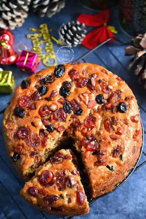 Eggless Rum Fruit Cake | Eggless Christmas Fruit Cake with Rum - Cooking From Heart Eggless Christmas Cake, Rum Fruit Cake Recipe, Fruit Cake Recipe With Rum, Cake Recipe Without Eggs, Raisin Cake Recipe, Eggless Fruit Cake Recipe, Moist Fruit Cake Recipe, Rum And Raisin Cake, Christmas Fruit Cake Recipe