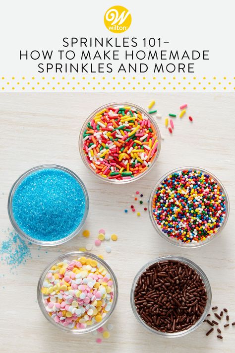 Sprinkles are a quick and easy way to add color and texture to your treats, but ever wonder how to make homemade sprinkles or if they expire? Maybe you want to know how to make them yourself or are looking for some creative ways to use up the ones you have at homeâ¦well, weâre here to help! #wiltoncakes #sprinkles #desserts #homemade #baking #cakedecorating #cookiedecorating #cupcakedecorating #cakeinspo #inspiration #sprinklemix #sugar #colorful #easy #blog #blogpost #sprinkle #celebration Sprinkles Desserts, Homemade Sprinkles Recipe, Homemade Sprinkles, Sugar Cookies With Sprinkles, Desserts Homemade, Diy Sprinkles, Sprinkles Recipe, Homemade Baking, Candy Sprinkles