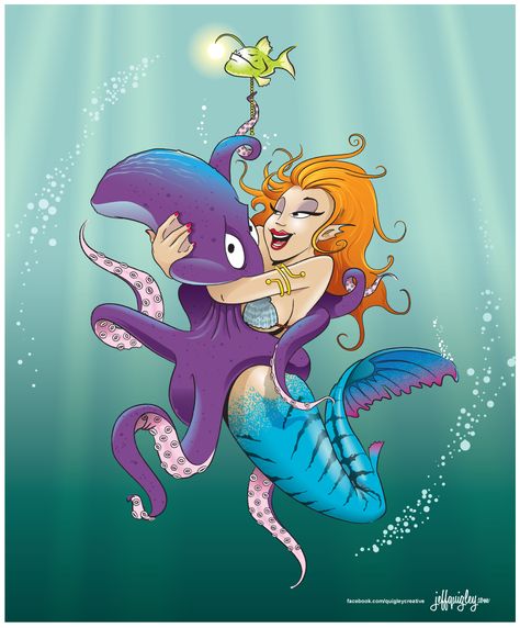 OctoLove - This is a little illustration I did to be considered for a book featuring collective works from artists all featuring the octopus. This is the 'safe' version of my entry.    #quigleycreative #jeffquigley #illustration #poster #mermaid #octopus Mermaid And Octopus, Mermaid Octopus, Octopus Illustration, Mermaid Kisses, The Octopus, Illustration Poster, Sirens, Under The Sea, Starfish