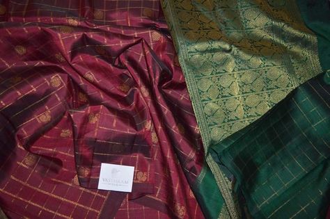 Maroon Kanchivaram Silk Saree With Contrast Rich Zari Pallu And Green Checks Blouse. Code : D1218KA042211 Cost : 18500 INR WhatsApp 91 7019277192 Maroon Silk Saree Contrast Blouse, Silk Saree Contrast Blouse, Maroon Silk Saree, Saree Contrast Blouse, Athangudi Tiles, Kanchivaram Silk Saree, Wedding Blouse Designs, Checked Blouse, Wedding Blouse