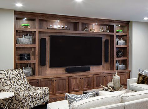 Built In Tv Wall Unit Dark Wood, Walnut Entertainment Center, Built In Tv Wall Unit, Rustic Family Room, Family Room Remodel, Built In Entertainment Center, Wood Entertainment Center, Hickory Flooring, Home Bar Rooms