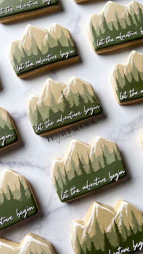 Jessica | 🏔️Let the adventure begin! I still often underestimate how much time some designs take. This was def one of those instances, but I… | Instagram Mountain Cookies, Ring Cookies, Bridal Themes, Outdoorsy Wedding, Adventure Baby Shower, Bridal Shower Cookies, Cabin Wedding, Blush Tones, Future Wedding Plans