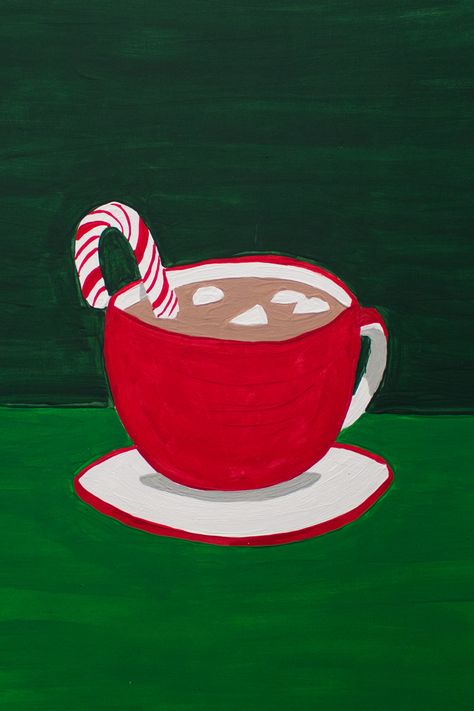 Hot Chocolate Painting On Canvas, Hot Cocoa Painting On Canvas, Hot Cocoa Painting, Hot Chocolate Painting, Gingerbread Painting, Chocolate Painting, Hot Chocolate Art, Cup Of Cocoa, Christmas Canvas Art