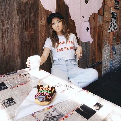 Where To Buy Jenn Im's "Work Hard And Be Nice" Shirt If You're A Believer In The Sweet Mantra Jenn Im, Beauty Vlogger, Instagram Pose, Instagram Models, Be Nice, Whips, French Style, Comfortable Fashion, 90s Fashion