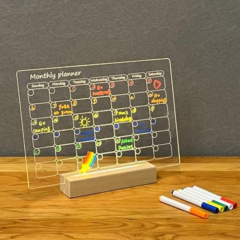 Nian Feng Acrylic Dry Erase Boards with Wooden Light Base, Clear Monthly and Weekly Calendar for College Drom/Bedroom/Office, Wireless, Reusable, Include 6 Dry Erase Markers. Weekly Planner Whiteboard, Whiteboard Organization, Dry Erase Planner, Floor Easel, Dry Erase Board Calendar, Diy Spring Crafts, Planner Board, Whiteboard Calendar, Dry Erase Wall