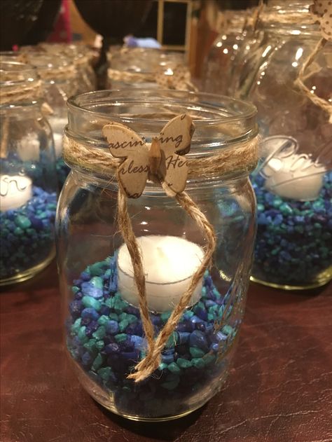 Blue theme Bris Milah Centerpieces Tea light mason jars Light Blue Wedding Centerpieces Diy, Mason Jar Ideas For Gifts, Light Blue Centerpieces, Tea Light Ideas, Tea Light Centerpiece, Mason Jars Centerpieces, Mason Jar Tea, Tea Lights Wedding, Mason Jar Tea Lights