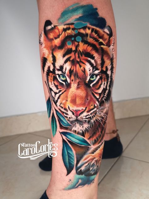 Tiger Colored Tattoo Design, Colour Tiger Tattoo, Tiger Tattoo Colorful, Tiger Watercolor Tattoo, Colored Tattoo For Men, Tiger Color Tattoo, Tiger Tattoo Color, Mandala Compass Tattoo, Tiger Face Tattoo