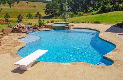 Pool With Diving Board, Swimming Pool Dimensions, Blue Haven Pools, Pool Makeover, Swimming Pool Pictures, Inground Pool Landscaping, Freeform Pools, Swimming Pool Photos, Pools Backyard Inground