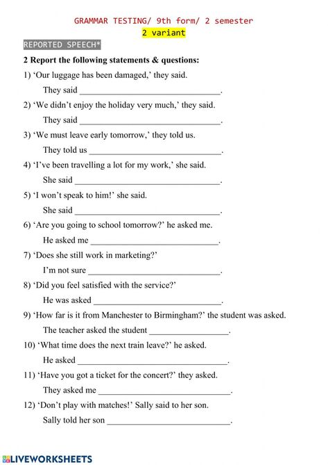 Reported Speech Test (2) worksheet Indirect Speech Worksheets, Language Acquisition Theories, Speech Worksheets, Hygiene Lessons, Direct And Indirect Speech, English Grammar Test, English Grammar Quiz, Indirect Speech, English Grammar Exercises