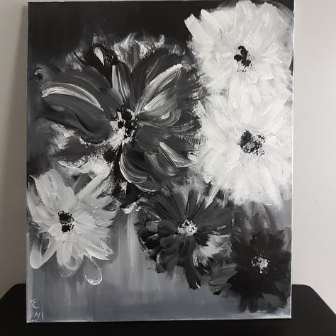 Black And White Floral Painting, Painting Ideas On Canvas Black And White, Flower Painting Black And White, Black And White Flower Painting, White Art Painting, Modern Art Canvas Painting, Painting Flowers Tutorial, Flowers Tutorial, Grey Painting