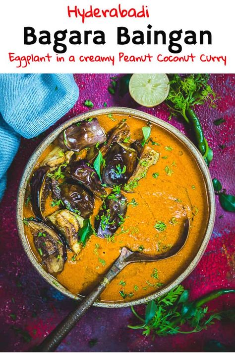 Hyderabadi Bagara Baingan Recipe is a popular vegetarian dish from Hyderabad, that carries the state's trademark rich taste and a surprising motley of flavours. The fried pieces of eggplants simmered in a rich peanut coconut based gravy is a perfect accompaniment with rice or any Indian bread. #Indian #Curry #Recipe #Curries #Aubergine #Eggplant #Hyderabadi Bhujia Recipe, Bagara Baingan, Baingan Recipe, Vegetarian Dish, Naan Recipe, Roasted Onions, Veg Dishes, Indian Bread, Indian Curry