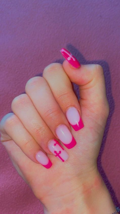 Pink Cross Nails, Nails With Cross, Cross Nail Designs, Bright Pink Nails, Neon Pink Nails, Cross Nails, Pink Cross, Grunge Nails, French Tip Nails