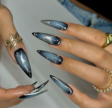 Blue With Silver Nails, Corset Nails, Cosmic Nails, Blue And Silver Nails, Glass Nails Art, Chrome Nails Designs, Goth Nails, Nails Only, Glass Nails