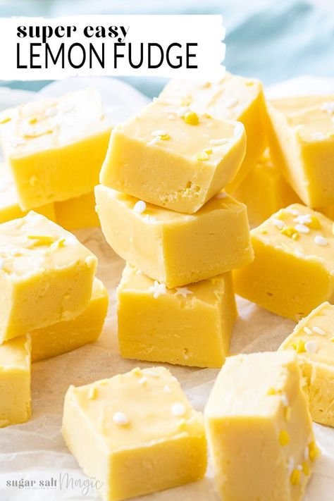 This creamy, Easy Lemon Fudge Recipe is bursting with fresh and zesty lemon flavour. With a base of white chocolate and sweetened condensed milk, this fudge recipe is simple and super quick to make. #sugarsaltmagic #lemonfudge #fudgerecipe #fudge Lemon Fudge Recipe, Fudge Squares, Lemon Fudge, Fudge Dessert, Homemade Fudge Recipes, Yellow Food, Fudge Recipes Chocolate, Ginger Slice, Fudge Recipes Easy