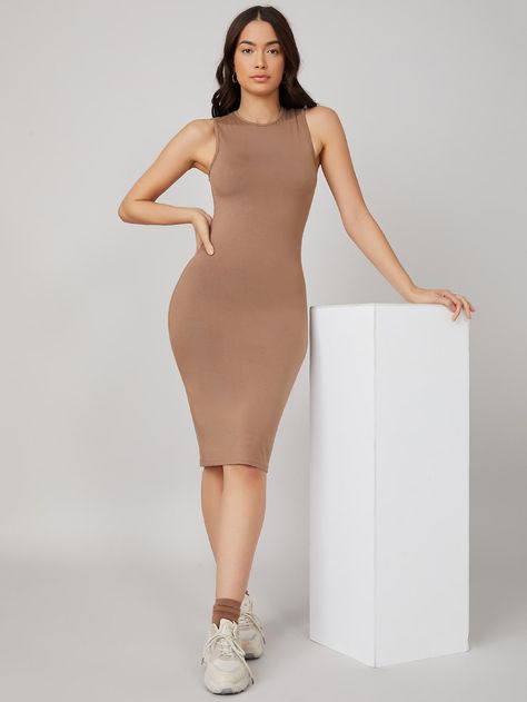 Solid Bodycon Dress | SHEIN Shein Basics, Ooh Ahh, Maxi Outfits, Maxi Dress Outfit, Women Bodycon Dress, Racerback Dress, Women Formals, Ruffle Hem Dress, Women Midi