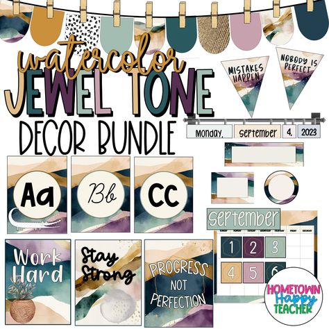 Refresh your space with our Jewel Tones Decor Bundle. Calm Colors Bulletin Board Ideas, Color Schemes For Classroom, Jewel Tone Classroom, Unique Classroom Themes Elementary, Classroom Color Scheme, Watercolor Classroom Decor, Student Name Plates, Jewel Tone Decor, Watercolor Classroom