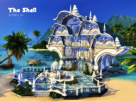 Sims 4 Mermaid Castle, Sims Mermaid House, The Sims 4 Mermaid House, Mermaid House Sims 4, Sims 4 Shell House, Sims 4 Mermaid House, Mermaid Village, Sims Sulani, Sims 4 Cc Mermaid