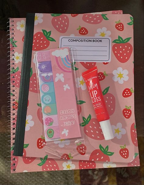 the cutest stationery with the cutest strawberry print - school supplies Strawberry School Supplies, Strawberry Aesthetics, Decorate School Supplies, Strawberry Aesthetic, Diy School Supplies, Cute School Supplies, Composition Book, Cute Strawberry, Strawberry Print