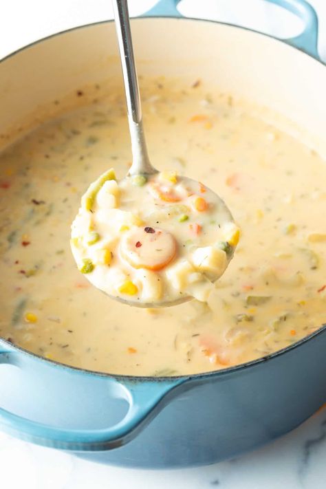 Creamy Vegetable Soup Recipe | A Spicy Perspective Creamy Garden Vegetable Soup, Cream Vegetable Soup Recipe, Spicy Creamy Soup, Cottage Cheese Soup, Vegetable Chowder Soup, Vegan Pot Pie Soup, Vegetable Chowder, Cream Of Vegetable Soup, Creamy Vegetable Soup