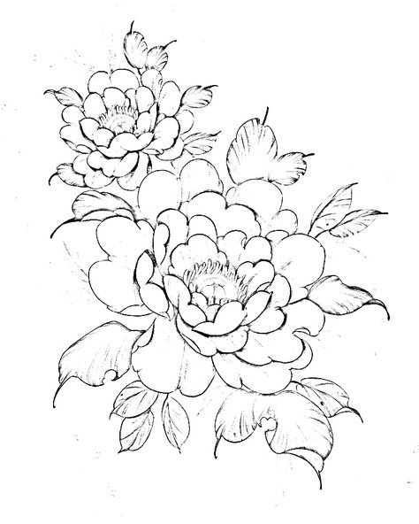 Japanese Peony Flower Tattoo Design, Japanese Tattoo Art Flower, Japanese Peony Drawing, Peony Drawing, Backpiece Tattoo, Flower Tattoo Drawings, Line Art Flowers, Folk Art Flowers, Flower Art Drawing