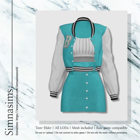 Somin cropped varsity jacket outfit | Patreon Sims 4 Cc Varsity Jacket Female, Varsity Jacket Sims 4 Cc, Cropped Varsity Jacket Outfit, Sims World, Varsity Jacket Outfit, Cc Clothes, The Sims 4 Download, Female Clothing, Jacket Outfit