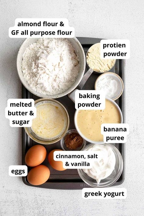 Healthy Protein Banana Bread, Yogurt Eggs, Greek Yogurt Eggs, Banana Protein Muffins, Healthier Baking, Protein Banana Bread, Chanel Birthday, Gluten Free Protein, Gluten Free Banana Bread