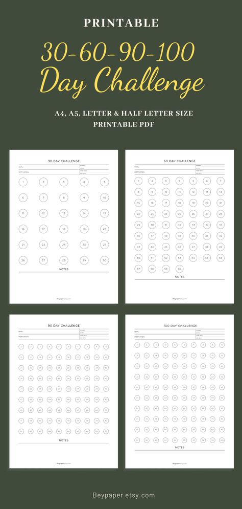 This printable 30-60-90-100 day challenge is designed to help you stick to your plan. These 30-60-90-100 day challenge bundle template can be printed and used for planner inserts, just download, print and get started right away! 60 Day Challenge, Progress Tracker, Challenge Tracker, 100 Day Challenge, 90 Day Challenge, Habit Forming, Day Challenge, 30 Day Challenge, Money Matters