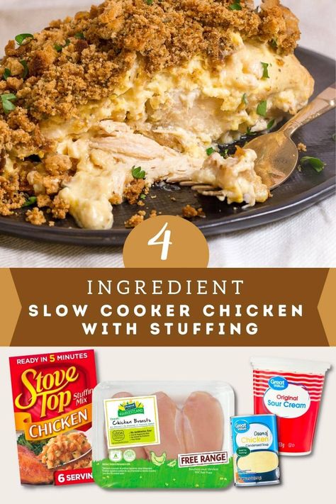 If you have a busy day ahead of you, don't worry about dinner. This 4 Ingredient Slow Cooker Chicken With Stuffing is the perfect make-ahead slow cooker meal. Plus, it's an easy crock-pot chicken recipe that is very budget-friendly and a great way to feed the entire family. Chicken With Stuffing, Crockpot Chicken And Dressing, Chicken And Dressing, Chicken And Stuffing, Slow Cooker Meal, Chicken Crockpot Recipes Easy, Slow Cooker Pasta, Crock Pot Chicken, Chicken Slow Cooker Recipes