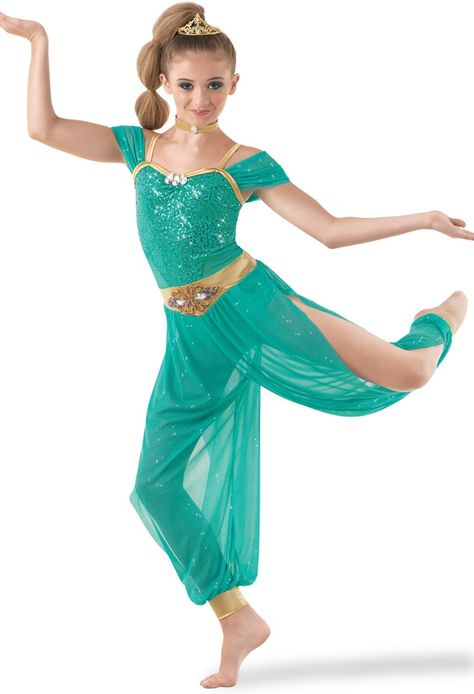 Genie Costume Girl, Genie Costume Aladdin, Genie Cosplay Female, Jasmine Dance Costume, Weissman Dance Costumes Hip Hop, Character Dance Costumes, Gold Camisole, Mini Tiara, Weissman Dance Costumes