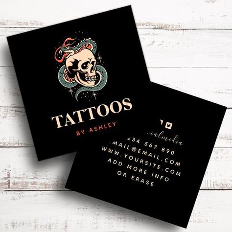 Mystic Gothic Skull Snake Illustration Tattoo Art Square Business Card | Zazzle|#tattoo #handtattoo #tattoos #tattooartist 724 Tattoo Artist Visiting Card Design, Logo For Tattoo Artist, Tattoo Card Design, Tattoo Business Cards Ideas, Artist Visiting Card, Tattoo Business Cards, Tattoo Branding, Tattoo Logo Design, Tattoo Artist Business Cards