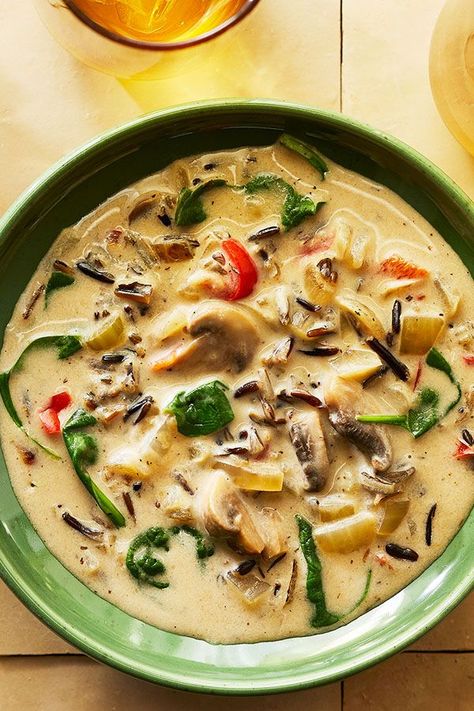 Mushroom Spinach Soup, Creamy Soup Recipes, Mushroom Spinach, Cooking Wild Rice, Lunch Appetizers, Spinach Soup, Creamy Mushrooms, Spinach Stuffed Mushrooms, Creamy Soup