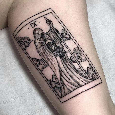 Tarot Card Tattoo The Hermit, The Hermit Tarot Card Tattoo, Hermit Tarot Card Tattoo, The Hermit Tattoo, The Hermit Tarot Tattoo, Hermit Tattoo, Dark Mark Tattoos, Tarot Card Tattoo, Tarot Tattoo