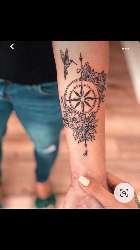 Spouse Memorial Tattoo, Compass Tattoo Feminine Forearm, Compass Sleeve Tattoo Women, Compass Tattoo With Flowers, Compass Rose Tattoo Feminine, Compass Tattoo Design Woman, Compass With Flowers Tattoo, Clock Tattoo Ideas For Women, Compass Tattoo Ideas For Women