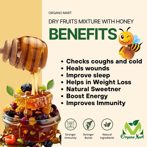 "Indulge in the sweetness of Dry Fruits with Honey by Organo Mart! A perfect blend of: - Crunchy nuts (almonds, pistachios, walnuts) - Sweet dried fruits (dates, apricots, prunes) - Smothered in pure, raw, and natural honey Health benefits: - Boosts energy - Supports heart health - Aids digestion - Rich in fiber and protein Taste the difference: - Sweet and savory combination - Crunchy and chewy texture - Perfect snack for any time Get your box now and savor the sweetness! #OrganoMart... Honey Health Benefits, Honey Benefits, Dry Fruits, Fiber Rich, Natural Honey, Sweet And Savory, Dried Fruits, Heart Health, Boost Energy