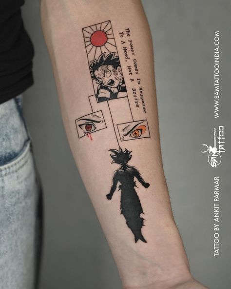 Anime Forearm Tattoo Men, Multiple Anime Tattoo, Cool Tattoos Anime, Anime Tattoos On Hand, Anime Crossover Tattoo, Patch Work Anime Tattoo, Shoulder Anime Tattoo, Anime Reference Tattoo Ideas, Anime Concept Tattoo