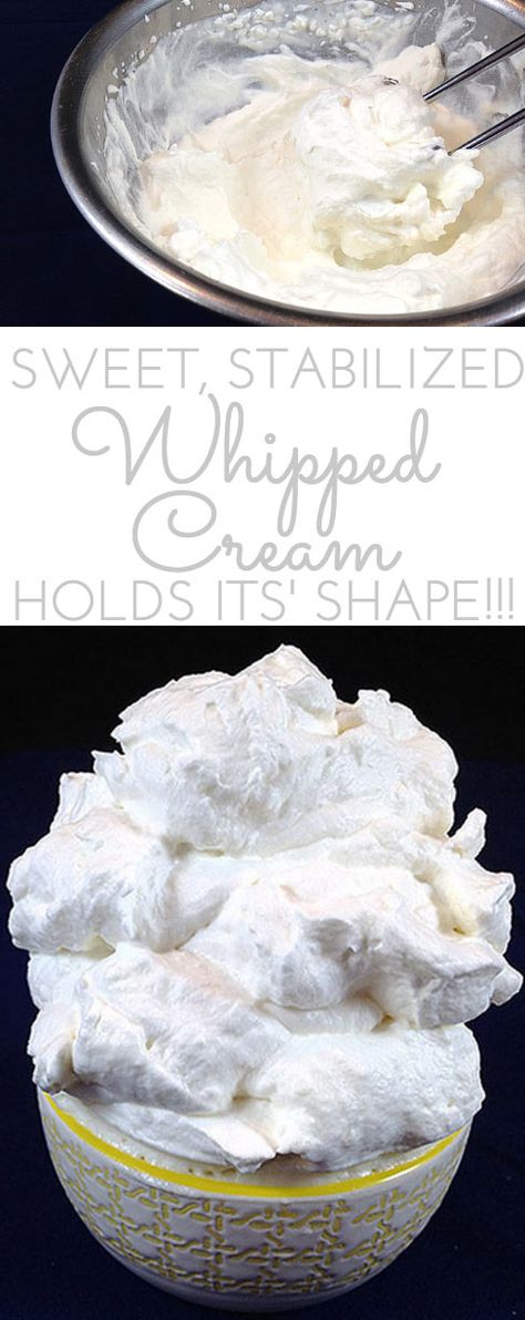 Sweet (Stabilized) Stiff Whipped Cream. What's the secret ingredient whipped cream that keeps its shape for days and in the heat? Easy recipe here! Stiff Whipped Cream, Whipped Cream Desserts, Stabilized Whipped Cream, Recipes With Whipping Cream, Whipped Cream Frosting, Oreo Dessert, Cake Fillings, Icing Recipe, Secret Ingredient