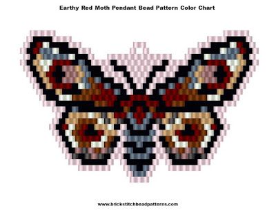 Free Earthy Red Moth Pendant Brick Stitch Bead Pattern Color Chart Beaded Moth Pattern, Red Moth, Stitch Bead Pattern, Brick Stitch Pattern Earring, Beaded Critters, Moth Pendant, Jewelry Making Books, Beadwork Tutorial, Beaded Earrings Tutorials