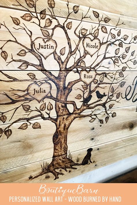 Love grows here! This family tree is wood burned by hand, onto a pallet of reclaimed wood boards for a wonderfully rustic look! #familytreewalldecor #personalizedwalldeocr #lovegrowshere Wood Burn Family Sign, Wood Burning Family Tree, Family Wood Burning Signs, Family Tree Wood Burning, Wood Burning Family Signs, Wood Burning Farmhouse Decor, Burnt Wood Projects, Family Tree Wall Decor, Farmhouse Decor Joanna Gaines