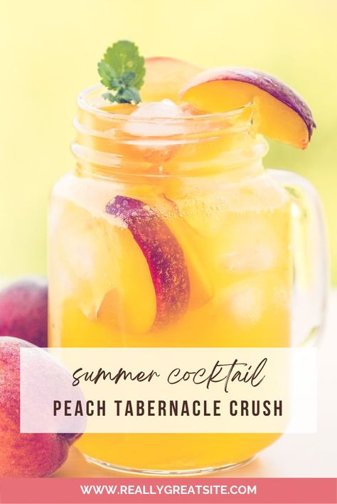 Summer Peach Cocktail Peach Cocktail Recipe, Peach Cocktail, The Tabernacle, Party Food And Drinks, Cocktail Drinks Recipes, Drinks Recipes, Fresh Summer, Summer Cocktails, Cocktail Recipe