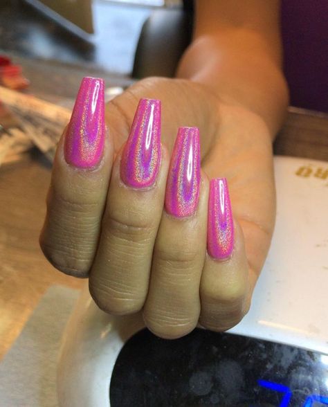 Pink Hologram Nails, Hot Pink Unicorn Nails, Barbie Crome Nails, Hot Pink Chrome Nails Coffin, Hot Pink And Chrome Nails, Bright Pink Nails With Chrome, Hot Pink Holographic Nails, Hot Pink Metallic Nails, Chrome Hot Pink Nails