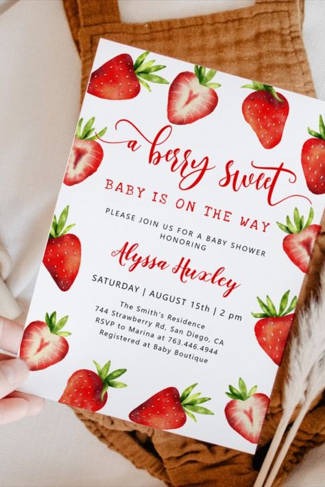 Strawberry Baby Shower | Berry Sweet Invitation
Cute girl's baby shower invitation card featuring watercolor illustration of strawberries. The text says "a berry sweet baby is on the way! #babyshower #babyshowersgifts #babyshowercards #babyshowerparty #floral #newborn #strawberry #berry Berry Sweet Baby Sprinkle, Berry Baby Shower Theme, Berry Sweet Baby Shower Theme, Summer Baby Shower Themes, Sweet Baby Shower Ideas, Girl Shower Themes, Baby Shower Theme Decorations, Summer Watercolor