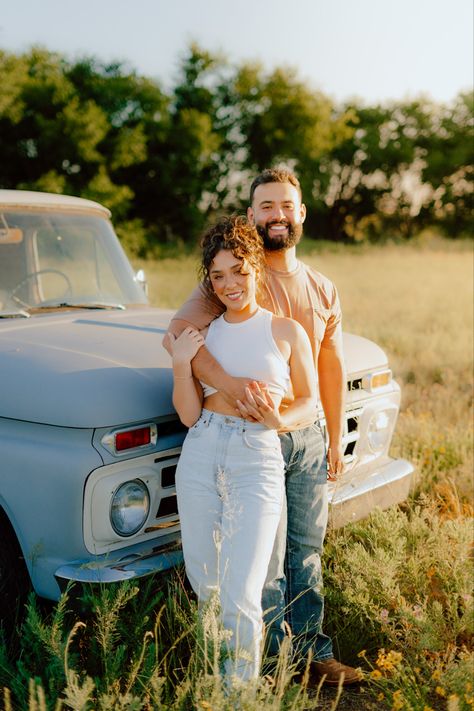 1965 Ford F100 - Couple Photoshoot - Photoshoot Outfits - Couple Poses - Photoshoot in Field - Vintage Inspired Photoshoot - Photography Poses - #fashion #photooftheday #photoshoot #coupleportrait #outfitideas Bronco Engagement Photos, Pickup Truck Photoshoot Couple, Wheel Barrel Photoshoot, Engagement Truck Photos, Vintage Truck Couple Photoshoot, Couple Poses With Truck, Engagement Photos With Old Truck, Truck Maternity Pictures, Old Truck Engagement Pictures