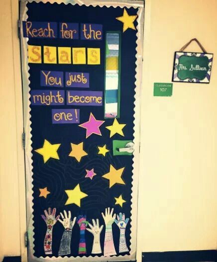 Bulletin board: Reach for the Stars Reach For The Stars Door Decoration, Shoot For The Stars Bulletin Board, Reach For The Stars Classroom Theme, Reach For The Stars Bulletin Board, Star Bulletin Boards, Classroom Decor Calming, Stars Decorations, Special Education Organization, Stars Classroom