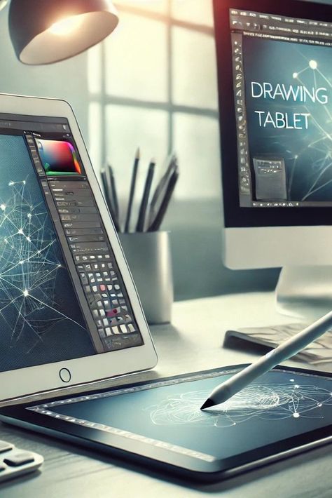 iPad being used as a drawing tablet alongside a desktop setup, demonstrating digital art capabilities for using an iPad as a drawing tablet. Digital Art Setup, Art Setup, Digital Drawing Tablet, Kitchen Scraps, Woman Office, Adobe Software, Plant Kitchen, Art Essentials, Art Apps