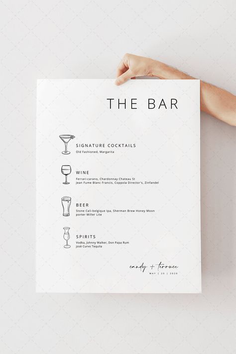 "Welcome to Momenti Design Studio! This Wedding Drinks Bar Menu Sign template editable is perfect for you who are planning a wedding elegant and refined! The combination of colors enhances the elegance and sophistication with this signs you will give your reception a unique and original touch! It is an article extremely original, unique design and special attention to detail, romantic but at the same time very modern and current. Please read below carefully before placing your order. The listing Alcohol Menu Wedding, Bar Menus Menu Design, The Bar Menu Wedding, Open Bar Menu Wedding, Wedding Drink List, Wedding Drinks Menu Sign, Drinking Menu Design, Bar Menu For Wedding, Cocktail List Menu Design