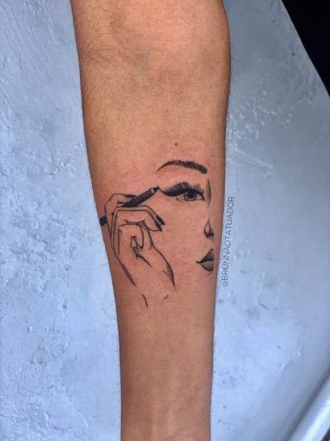 Eyelash Tattoo Arm, Lashes Tattoo Ideas, Makeup Inspired Tattoos, Makeup Tattoo Ideas Sleeve, Lash Artist Tattoo, Makeup Tattoo Ideas Girly, Lash Tattoo Ideas, Eyelash Tattoos, Make Up Artist Tattoos Ideas