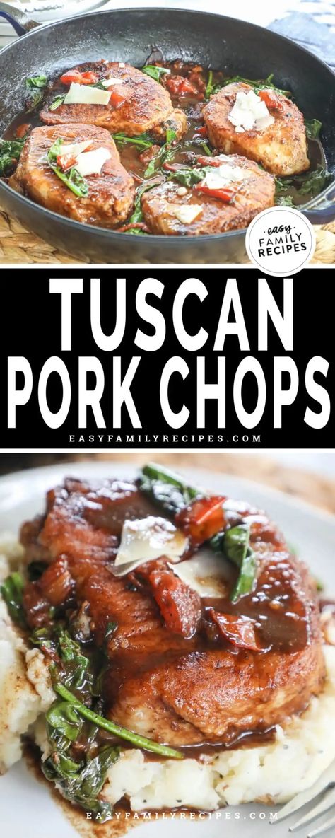 One Pan Tuscan Pork Chops · Easy Family Recipes Tuscan Pork Chops, Pork Chops Easy, Italian Pork Chops, Easy One Pan Dinner, Balsamic Pork Chops, Healthy Pork Chop Recipes, Braised Pork Chops, Healthy Pork Chops, Boneless Pork Chop Recipes