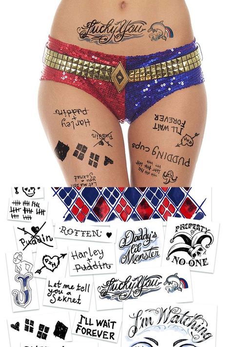 SKINSAFE temporary tattoos with fast shipping for halloween. Complete your halloween looks with our tattoos! Harley Quinn Costume Makeup, Harley Quinn Tattoos, Guys Halloween Makeup, Tattoo Ideas For Couples, Harley Quinn Halloween Costume, Harley Quinn Tattoo, Harley Quinn Makeup, Line Tattoo Ideas, Harley Quinn Halloween